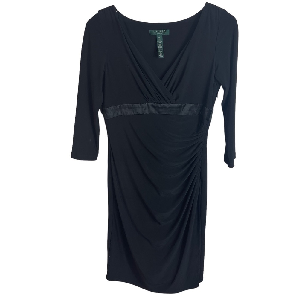 Lauren Ralph Lauren Black Stretchy V-Neck Twist Cross Front Dress. 3/4 Sleeves.